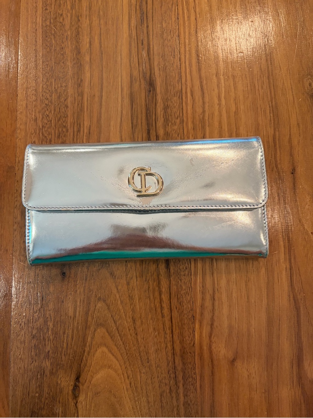 Dior Metallic Silver Clutch Wallet with Gold Logo